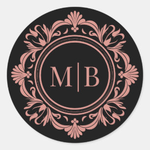  Bloemen Monogram Huwelijk Zwart Roos Goud Ronde Sticker
