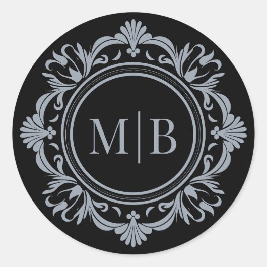  Bloemen Monogram Huwelijk Zwart Zilver Ronde Sticker (Voorkant)