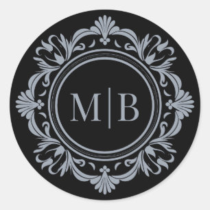  Bloemen Monogram Huwelijk Zwart Zilver Ronde Sticker
