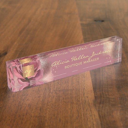 Bloemen monogram luxe glam bordeaux naambordje (Zijkant)