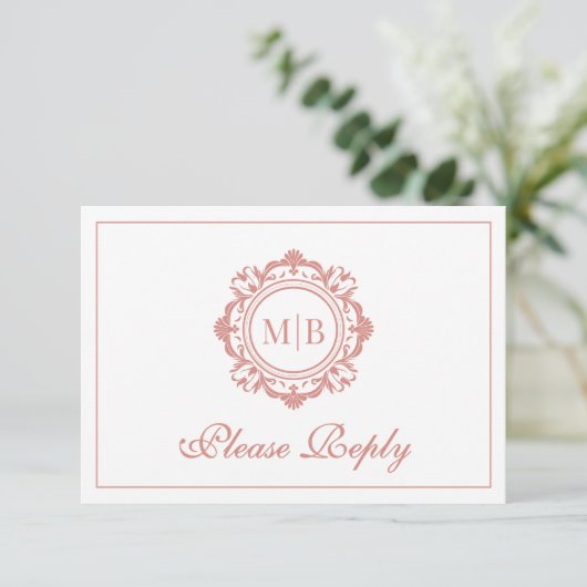  Bloemen Monogram Roos Gold Wedding RSVP Kaartje (Staand voorkant)