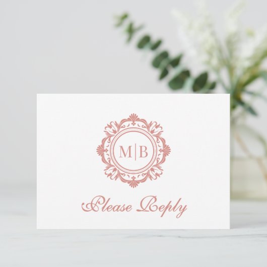  Bloemen Monogram Roos Gold Wedding RSVP Kaartje (Staand voorkant)
