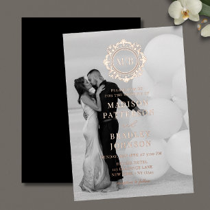 Bloemen Monogram Trouwfoto Elegant Folie Uitnodiging