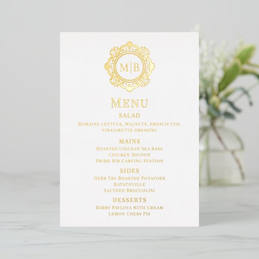 Bloemen Monogram Trouwmenu Folie Uitnodiging (Staand Voorkant)