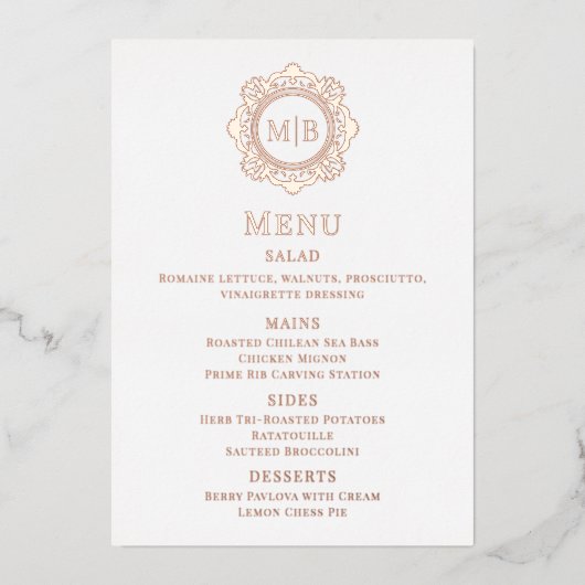 Bloemen Monogram Trouwmenu Folie Uitnodiging (Voorkant)