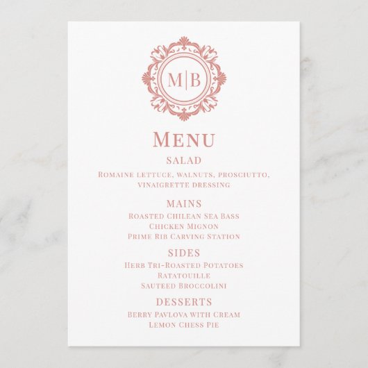 Bloemen Monogram Trouwmenu Roos Goud Menu (Voorkant)