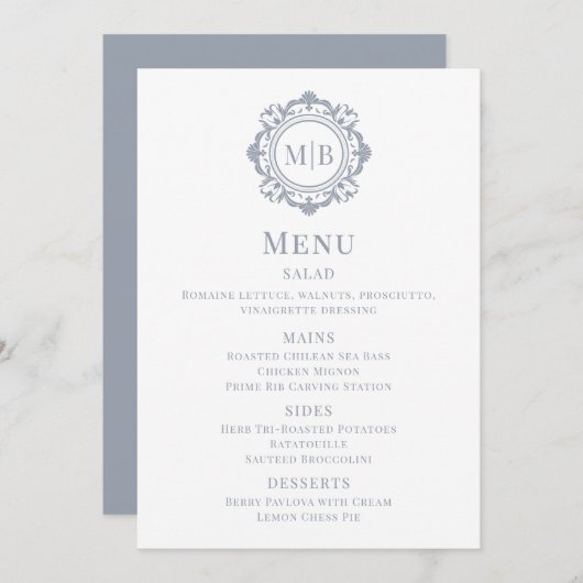  Bloemen Monogram Trouwmenu Zilver Menu (Voorkant / Achterkant)