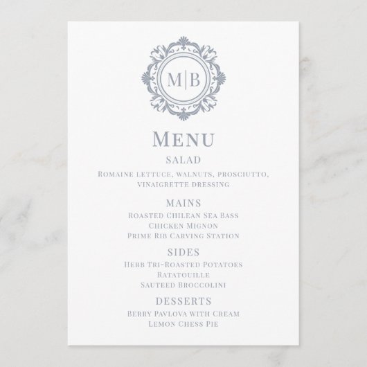  Bloemen Monogram Trouwmenu Zilver Menu (Voorkant)