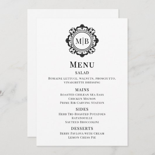  Bloemen Monogram Trouwmenu Zwart Wit Menu (Voorkant / Achterkant)