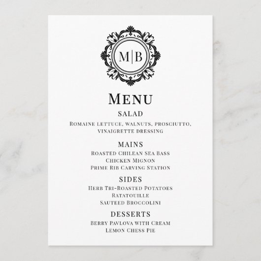  Bloemen Monogram Trouwmenu Zwart Wit Menu (Voorkant)