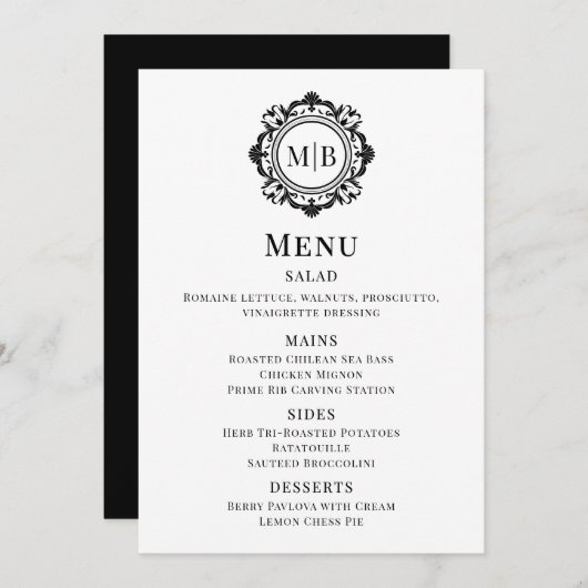  Bloemen Monogram Trouwmenu Zwart Wit Menu (Voorkant / Achterkant)