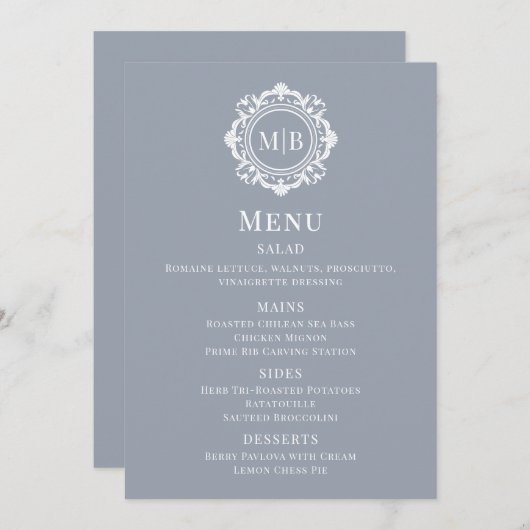  Bloemen Monogram Zilver Wedding Menu (Voorkant / Achterkant)
