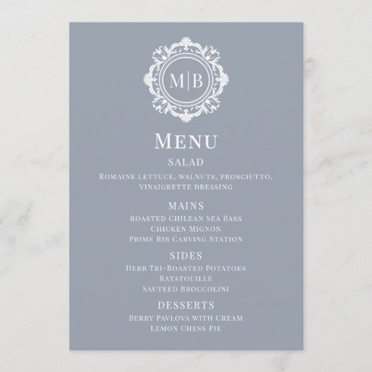  Bloemen Monogram Zilver Wedding Menu (Voorkant)