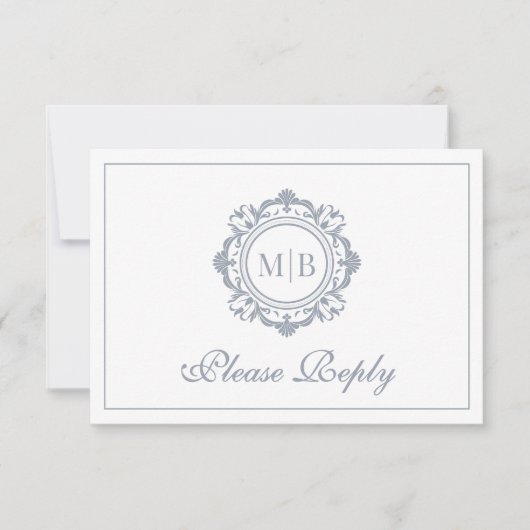  Bloemen Monogram Zilveren Huwelijk RSVP Kaartje (Voorkant)