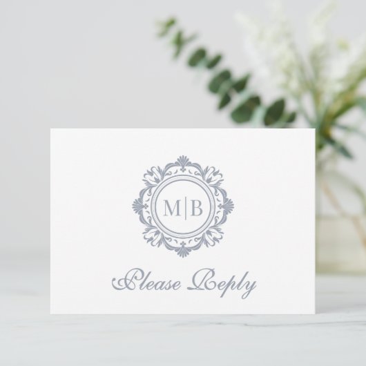  Bloemen Monogram Zilveren Huwelijk RSVP Kaartje (Staand voorkant)