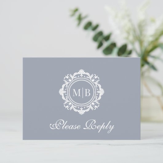  Bloemen Monogram Zilveren Huwelijk RSVP Kaartje (Staand voorkant)