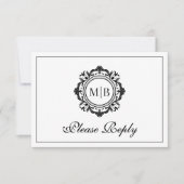  Bloemen Monogram Zwart Wit Huwelijk RSVP Kaartje (Voorkant)