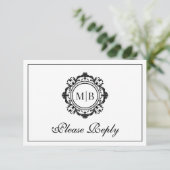 Bloemen Monogram Zwart Wit Huwelijk RSVP Kaartje (Staand voorkant)