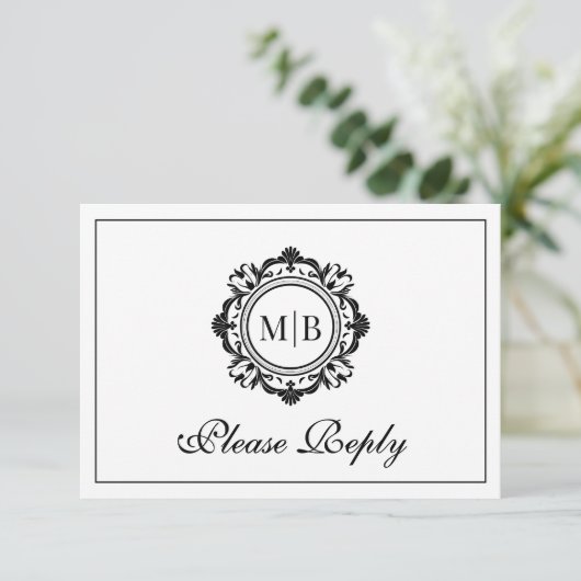  Bloemen Monogram Zwart Wit Huwelijk RSVP Kaartje (Staand voorkant)