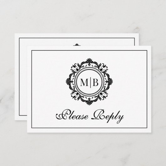  Bloemen Monogram Zwart Wit Huwelijk RSVP Kaartje (Voorkant / Achterkant)