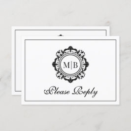  Bloemen Monogram Zwart Wit Huwelijk RSVP Kaartje