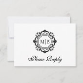  Bloemen Monogram Zwart Wit Huwelijk RSVP Kaartje (Voorkant)