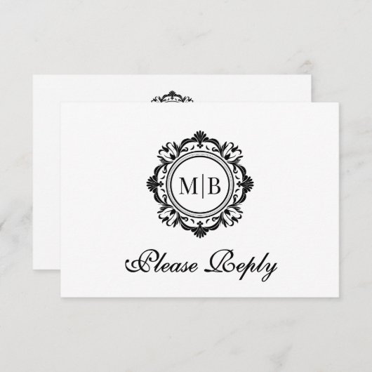  Bloemen Monogram Zwart Wit Huwelijk RSVP Kaartje (Voorkant / Achterkant)