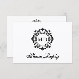  Bloemen Monogram Zwart Wit Huwelijk RSVP Kaartje