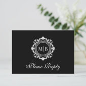  Bloemen Monogram Zwart Wit Huwelijk RSVP Kaartje (Staand voorkant)