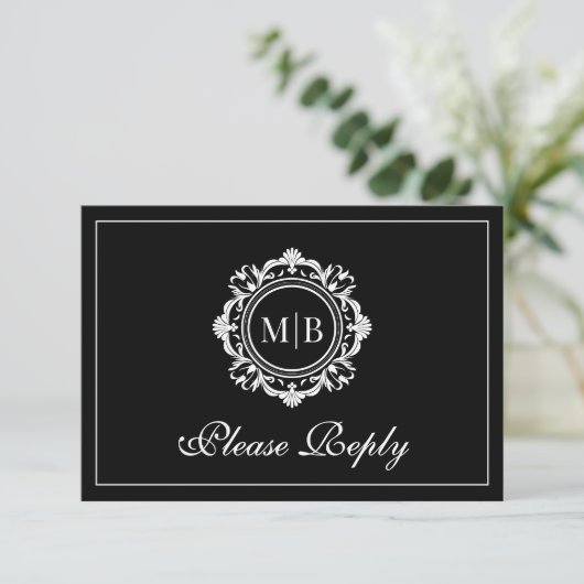 Bloemen Monogram Zwart Wit Huwelijk RSVP Kaartje (Staand voorkant)