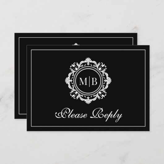  Bloemen Monogram Zwart Wit Huwelijk RSVP Kaartje (Voorkant / Achterkant)