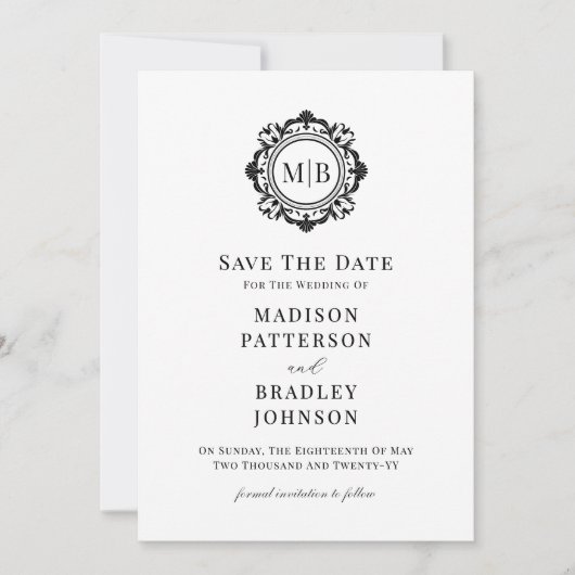  Bloemen Monogram Zwart Wit Huwelijk Save The Date (Voorkant)