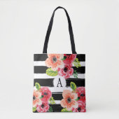 Bloemen monogram zwart wit strepen | CANVAS TAS (Voorkant)