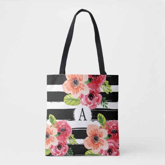 Bloemen monogram zwart wit strepen | CANVAS TAS (Voorkant)