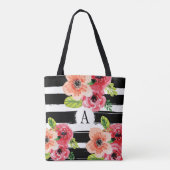 Bloemen monogram zwart wit strepen | CANVAS TAS (Achterkant)