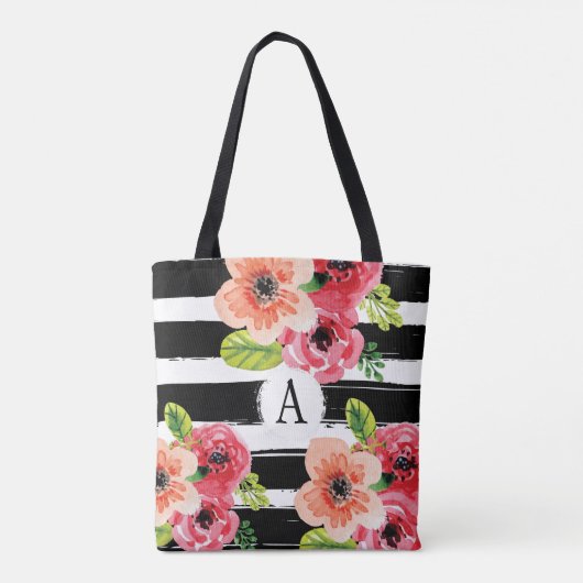 Bloemen monogram zwart wit strepen | CANVAS TAS (Achterkant)