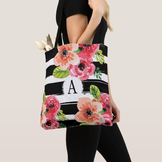 Bloemen monogram zwart wit strepen | CANVAS TAS (Dichtbij)