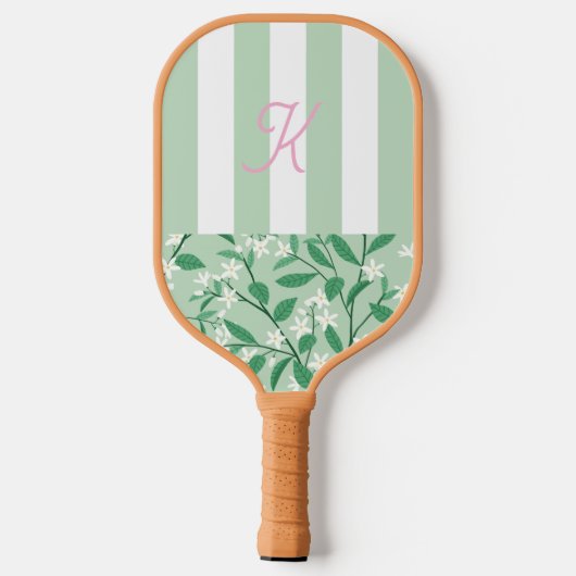 Bloemen Monogrammed Initialen Groen & Roze Pickleball Paddle (Achterkant)