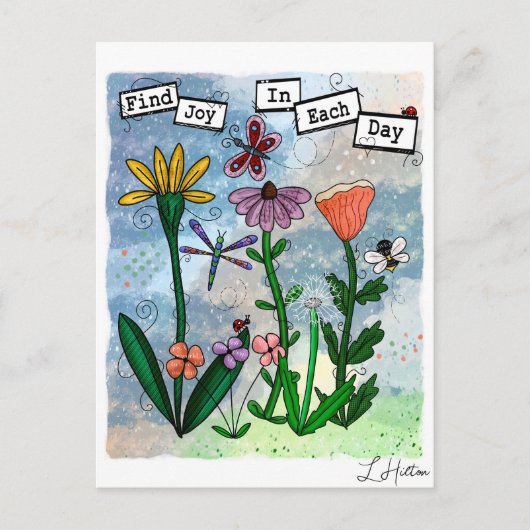 Bloemen, muzieknoten en Joy Artwork Briefkaart (Voorkant)