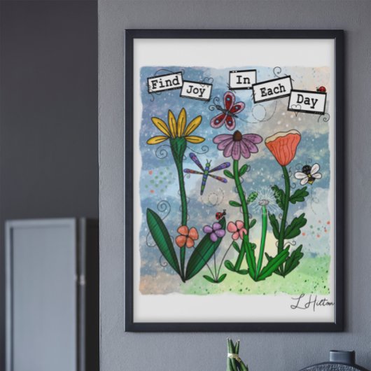 Bloemen, muzieknoten en Joy Artwork Poster