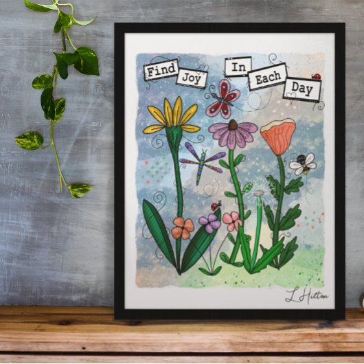 Bloemen, muzieknoten en Joy Artwork Poster