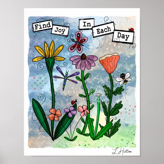 Bloemen, muzieknoten en Joy Artwork Poster (Voorkant)