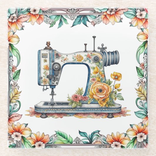  Bloemen  Naaimachine en Bloemen Glazen Onderzetter (Voorkant)