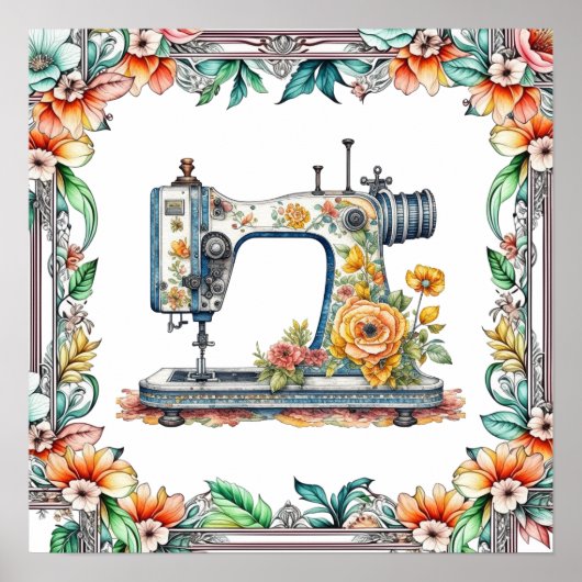  Bloemen  Naaimachine en Bloemen Poster (Voorkant)