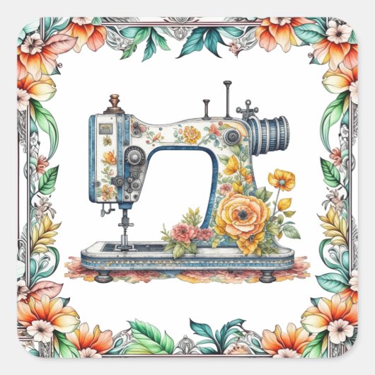 Bloemen Naaimachine en Bloemen Vierkante Sticker (Voorkant)