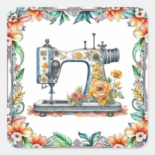 Bloemen Naaimachine en Bloemen Vierkante Sticker