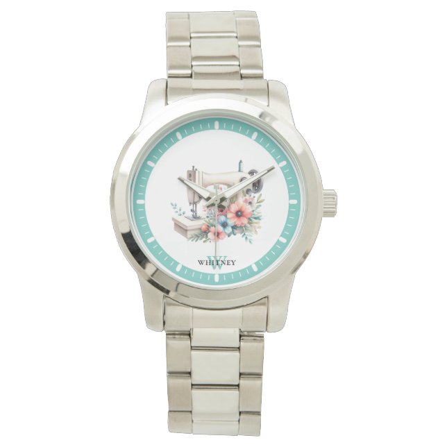  Bloemen Naaimachine Monogrammed Naam Horloge (Voorkant)