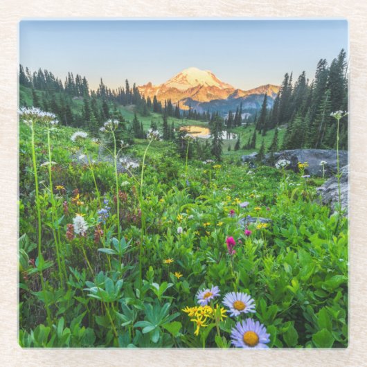 Bloemen | Nationaal park Mount Rainier Glazen Onderzetter (Voorkant)
