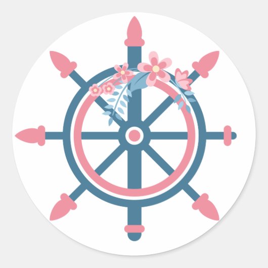 Bloemen Nautisch Schip Wiel Roze en Blauwe Bloemen Ronde Sticker (Voorkant)