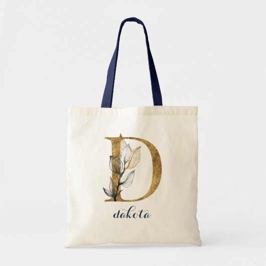 Bloemen Navy Blauw Blauw Monogram Brief "D" Tote Bag (Voorkant)
